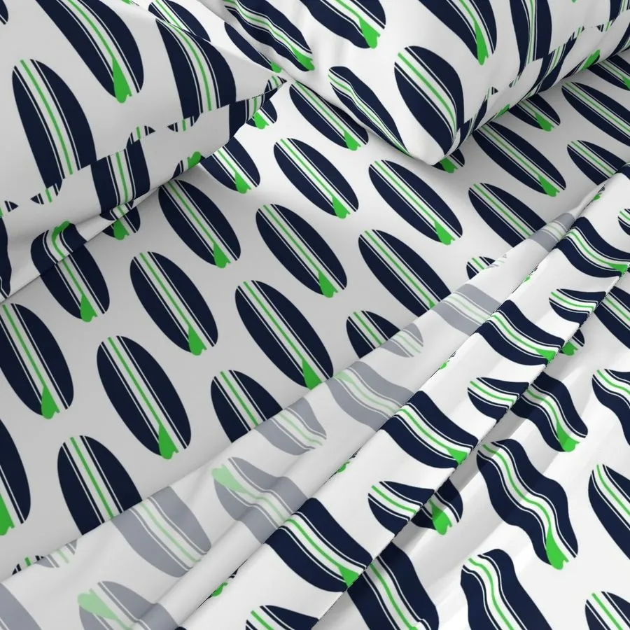 Navy Blue and Lime Green Classic Surfboards Sheet Set from Surfer Bedding™️ Medium Scale