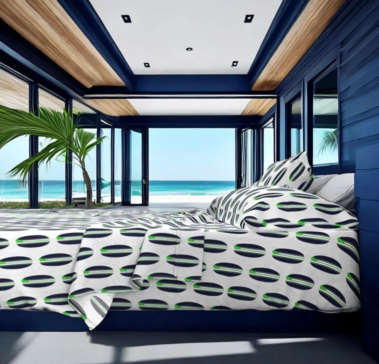 Navy Blue and Lime Green Classic Surfboards Sheet Set from Surfer Bedding™️ Medium Scale