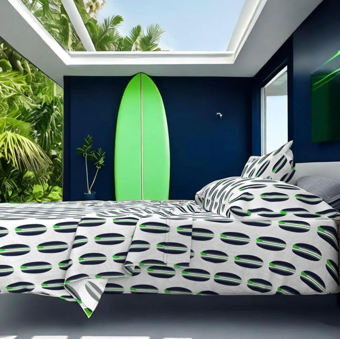 Navy Blue and Lime Green Classic Surfboards Sheet Set from Surfer Bedding™️ Medium Scale