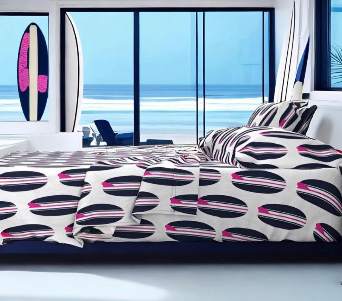 Navy Blue, White and Surfer Girl Pink Classic Surfboards Sheet Set from Surfer Bedding™️ Large Scale