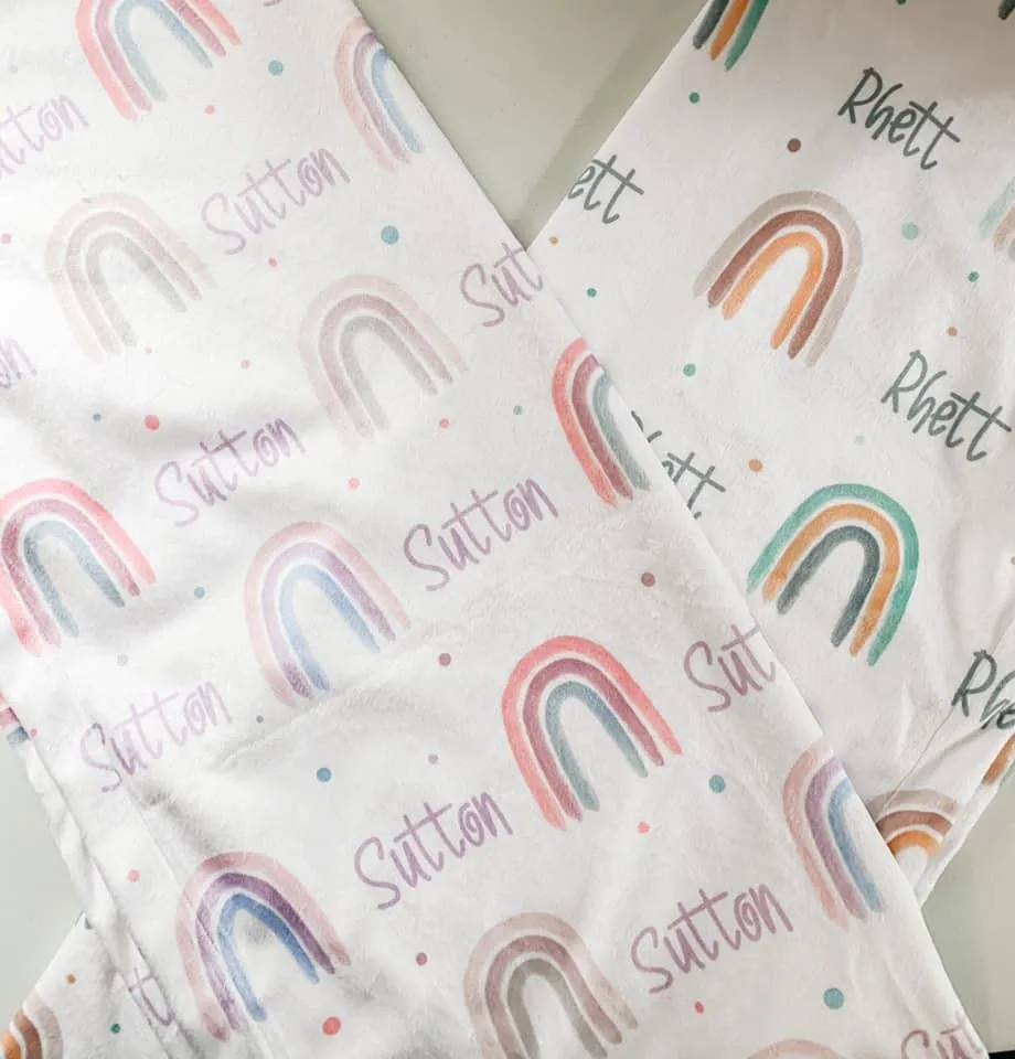 Neutral Rainbow Print (Berry) Personalized Minky Blanket (Sherpa)