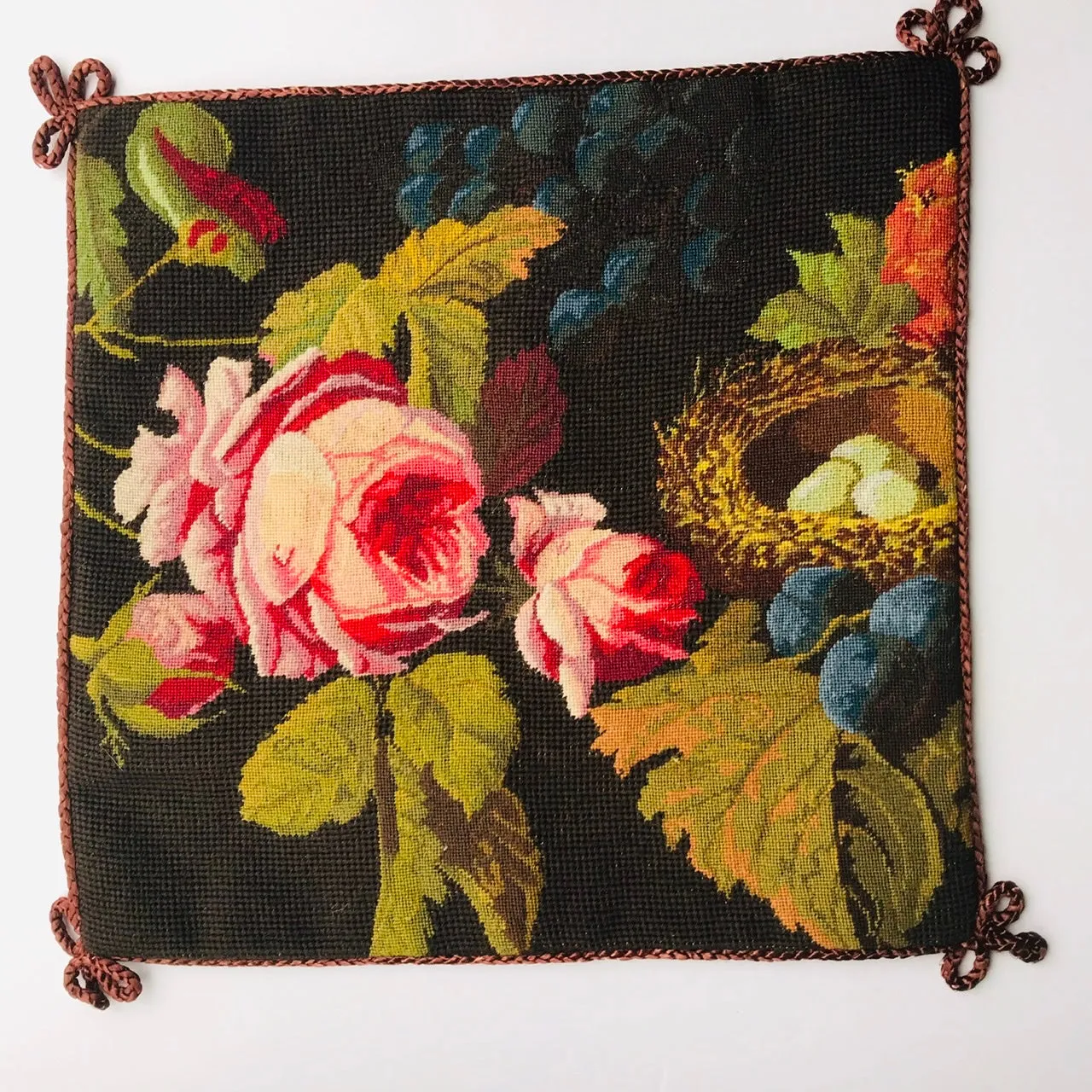 New Spring Bird Nest, Blue Berries & Red Roses Floral Needlepoint Petit Point Pink Green Brown Pillow Cover