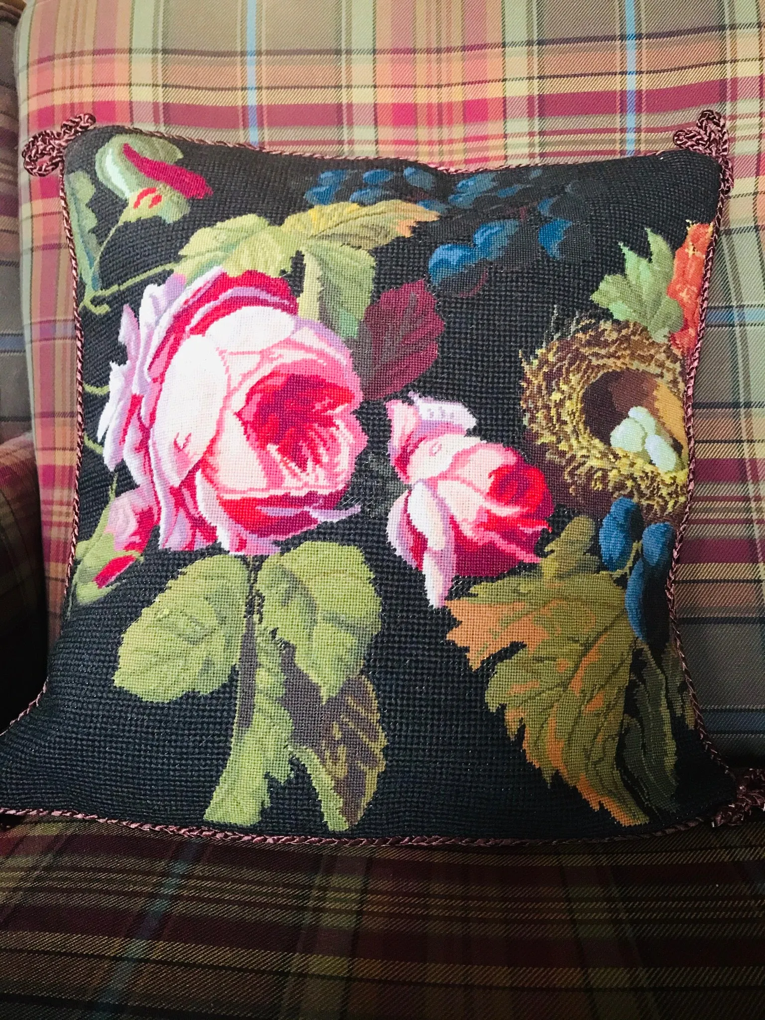 New Spring Bird Nest, Blue Berries & Red Roses Floral Needlepoint Petit Point Pink Green Brown Pillow Cover