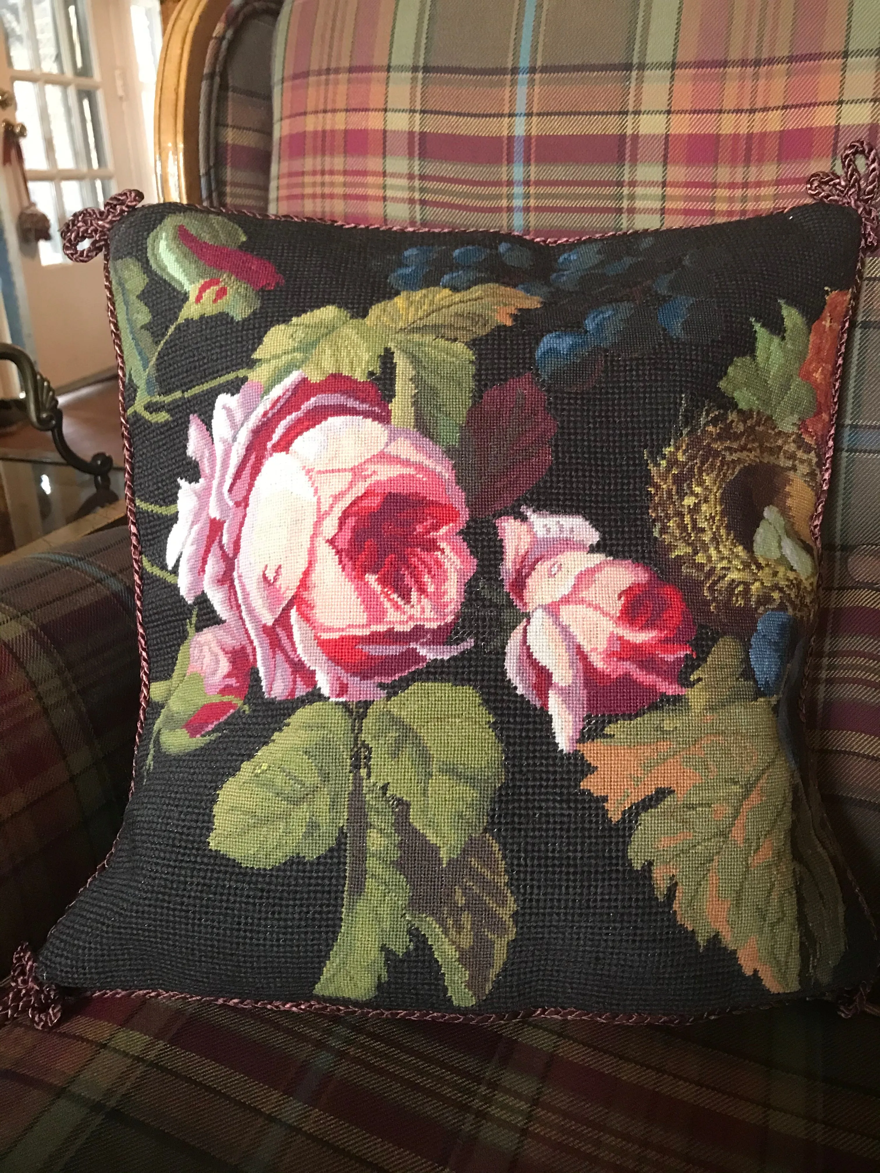 New Spring Bird Nest, Blue Berries & Red Roses Floral Needlepoint Petit Point Pink Green Brown Pillow Cover