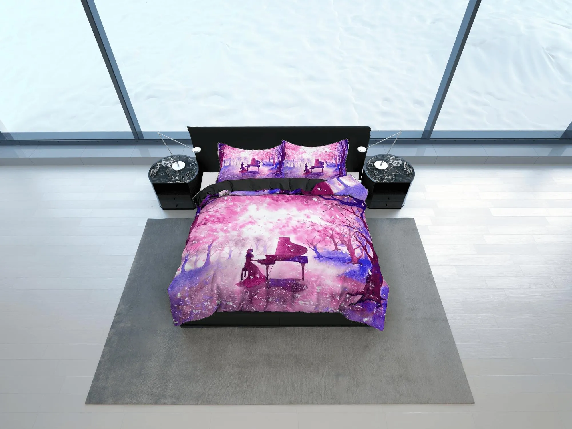 Night piano cherry blossom bedding floral prints duvet cover queen, king, boho bedding designer bedspread full size bedding aesthetic