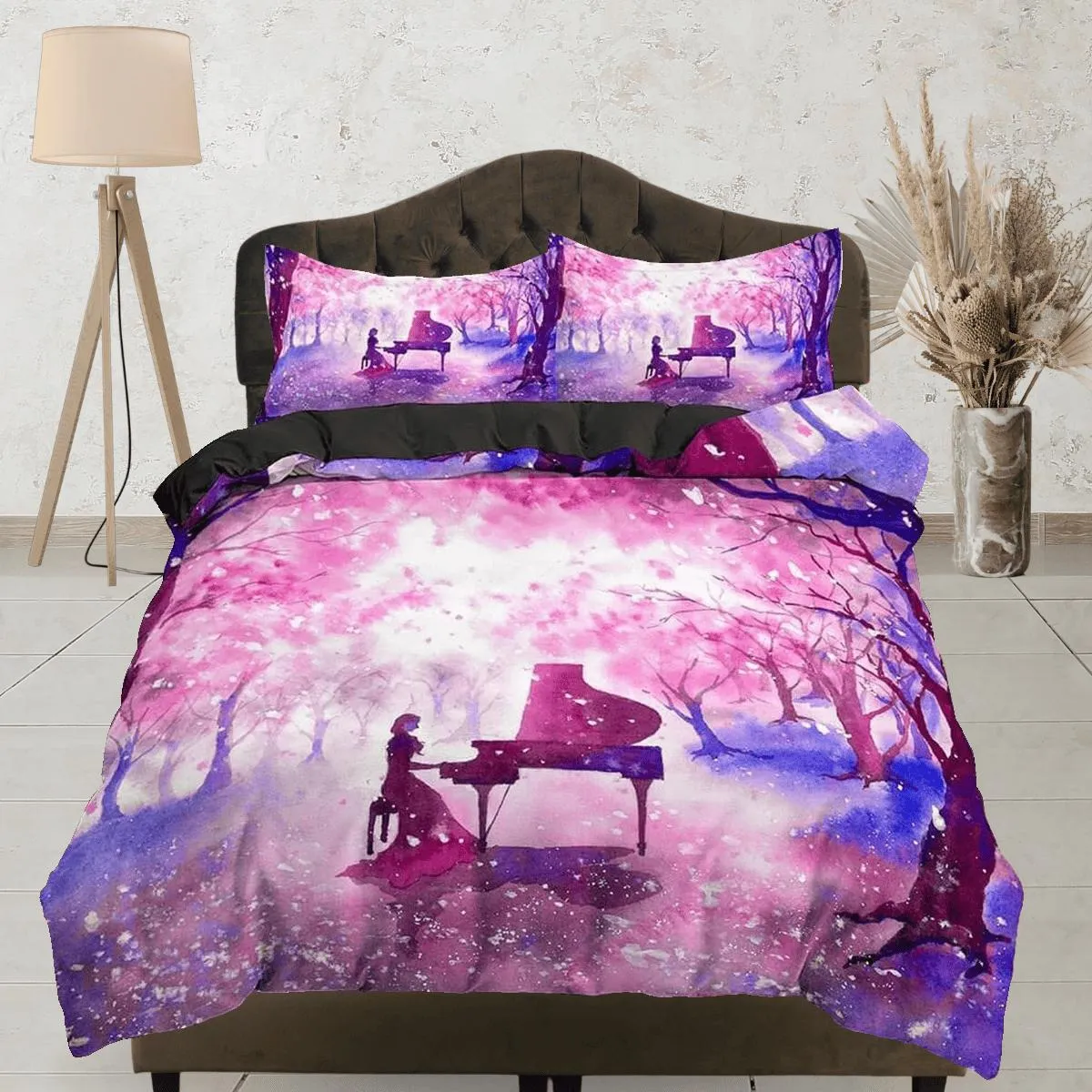 Night piano cherry blossom bedding floral prints duvet cover queen, king, boho bedding designer bedspread full size bedding aesthetic