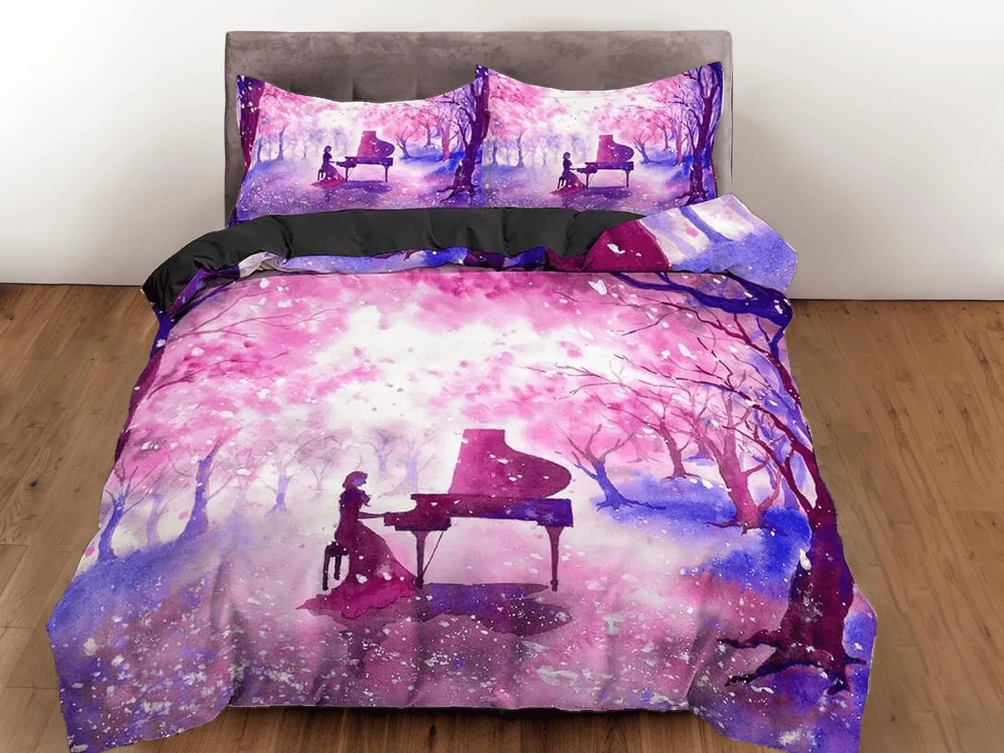 Night piano cherry blossom bedding floral prints duvet cover queen, king, boho bedding designer bedspread full size bedding aesthetic