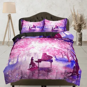 Night piano cherry blossom bedding floral prints duvet cover queen, king, boho bedding designer bedspread full size bedding aesthetic