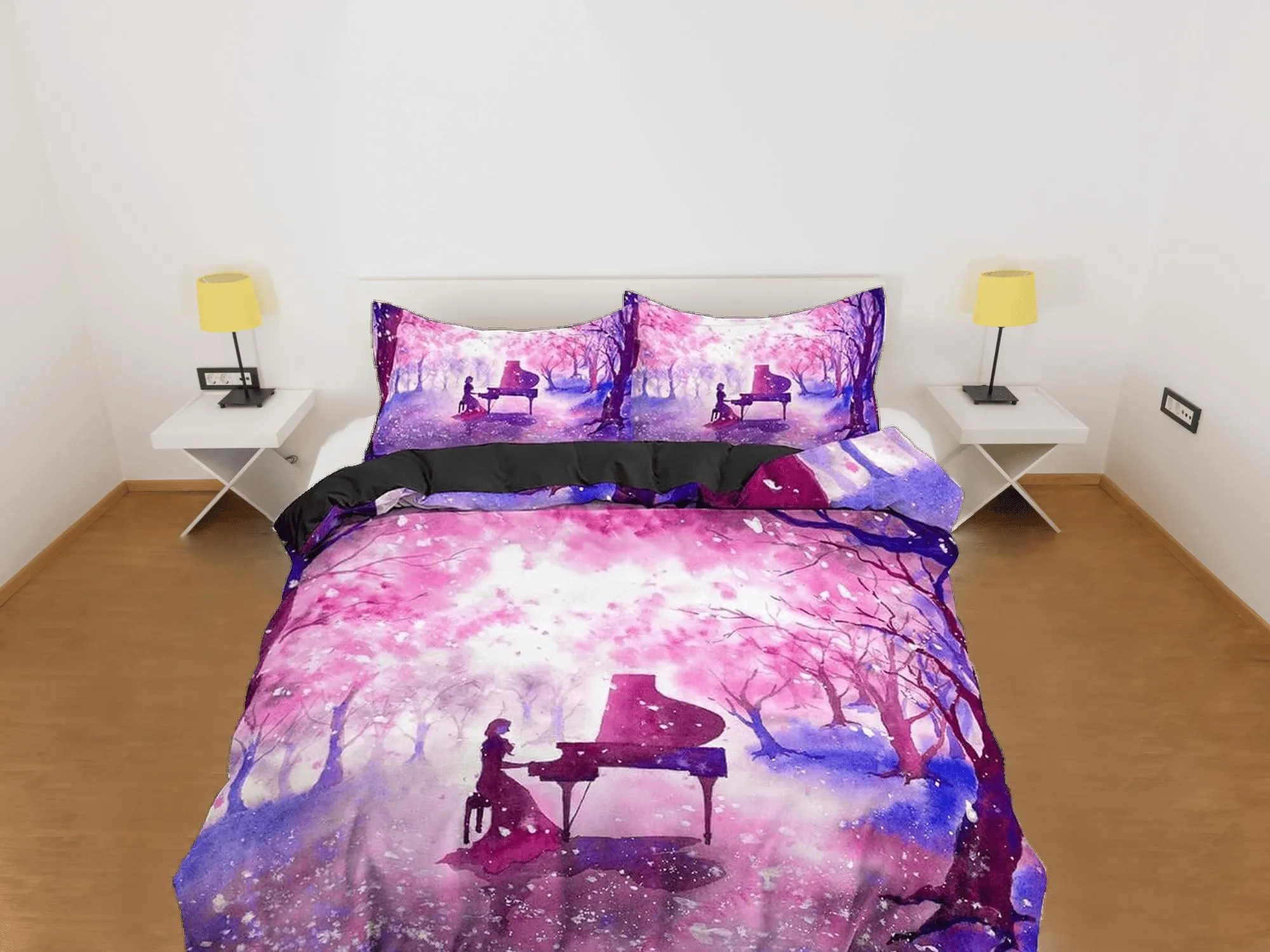 Night piano cherry blossom bedding floral prints duvet cover queen, king, boho bedding designer bedspread full size bedding aesthetic