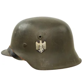 Original German WWII Large M42 Single Decal Army Heer Helmet with 58cm Liner & Chinstrap - Stamped ET66