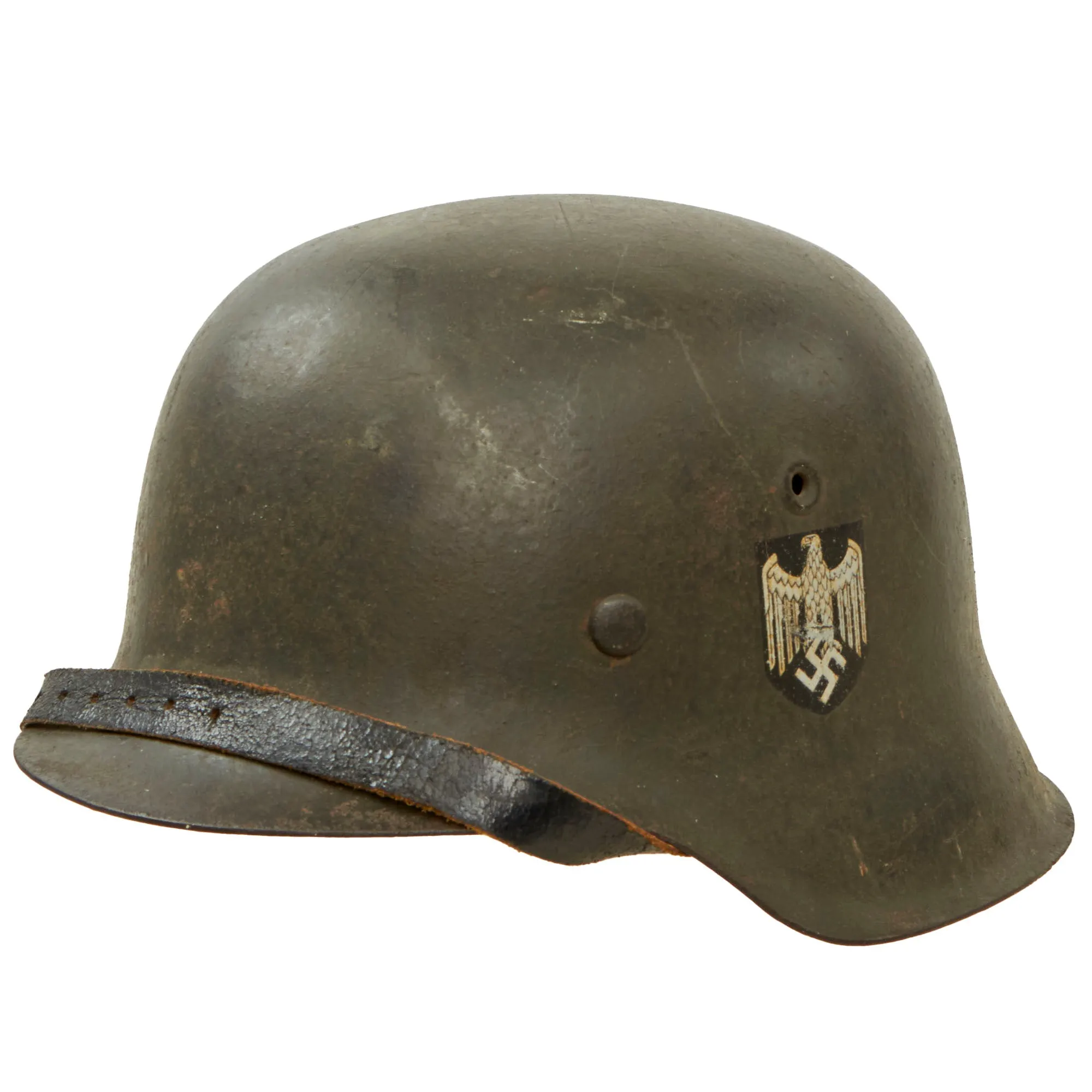 Original German WWII Large M42 Single Decal Army Heer Helmet with 58cm Liner & Chinstrap - Stamped ET66