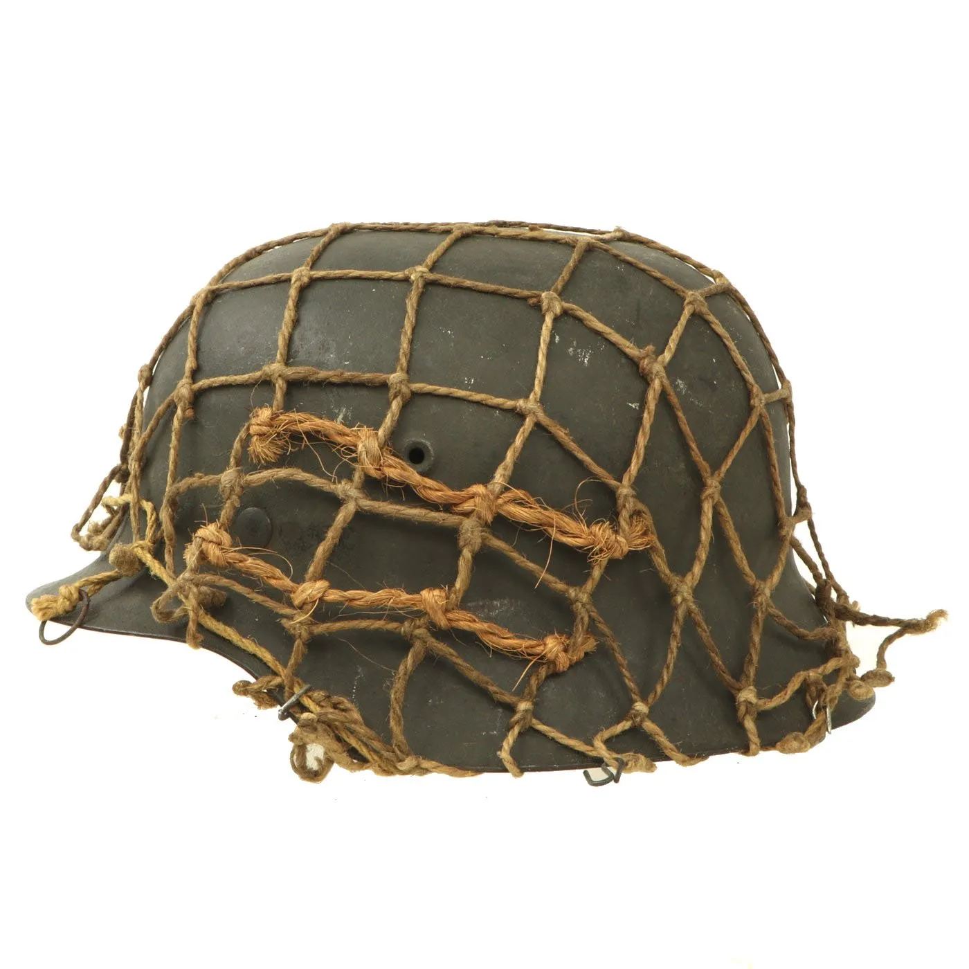 Original German WWII M42 Army Heer Helmet with Size 57 Liner & Helmet Net with Hooks - EF64