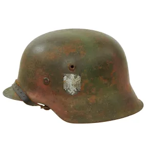 Original German WWII M42 Army Heer Single Decal Camouflage Helmet with Aged Replica Liner & Chinstrap - stamped ckl64