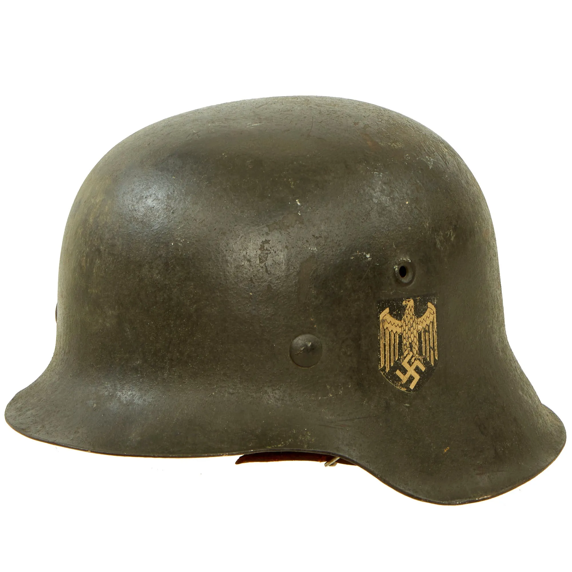 Original German WWII M42 Single Decal Army Heer Helmet with 54cm Liner & Partial Chinstrap - stamped EF62