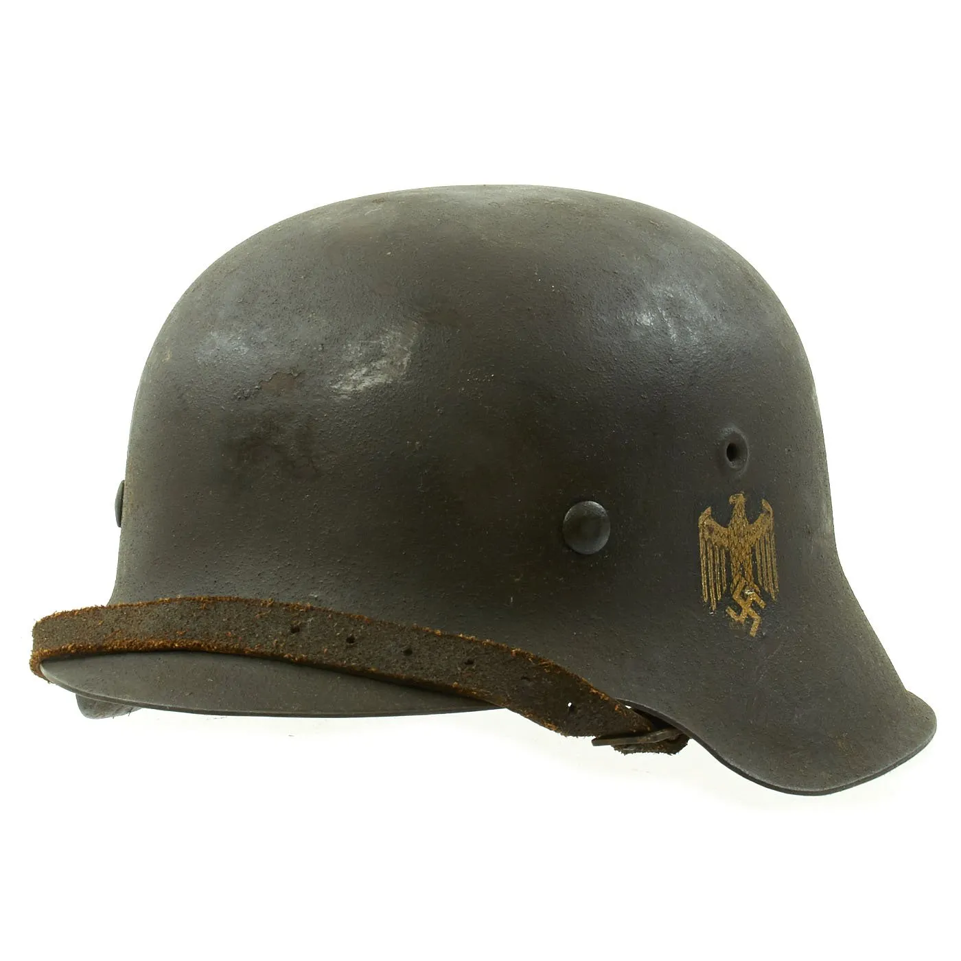 Original German WWII M42 Single Decal Army Heer Helmet with Size 57 Liner and Chinstrap - EF64