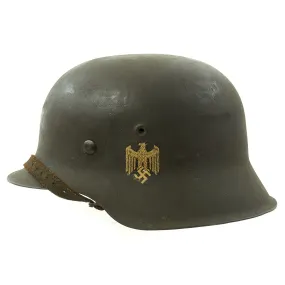 Original German WWII M42 Single Decal Army Heer Helmet with Size 57 Liner and Chinstrap - EF64