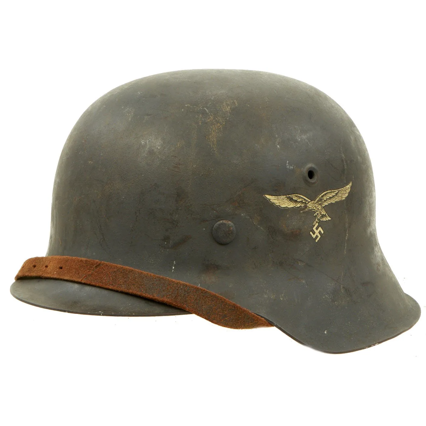 Original German WWII M42 Single Decal Luftwaffe Helmet with Dome Stamp & Partial Liner - NS64