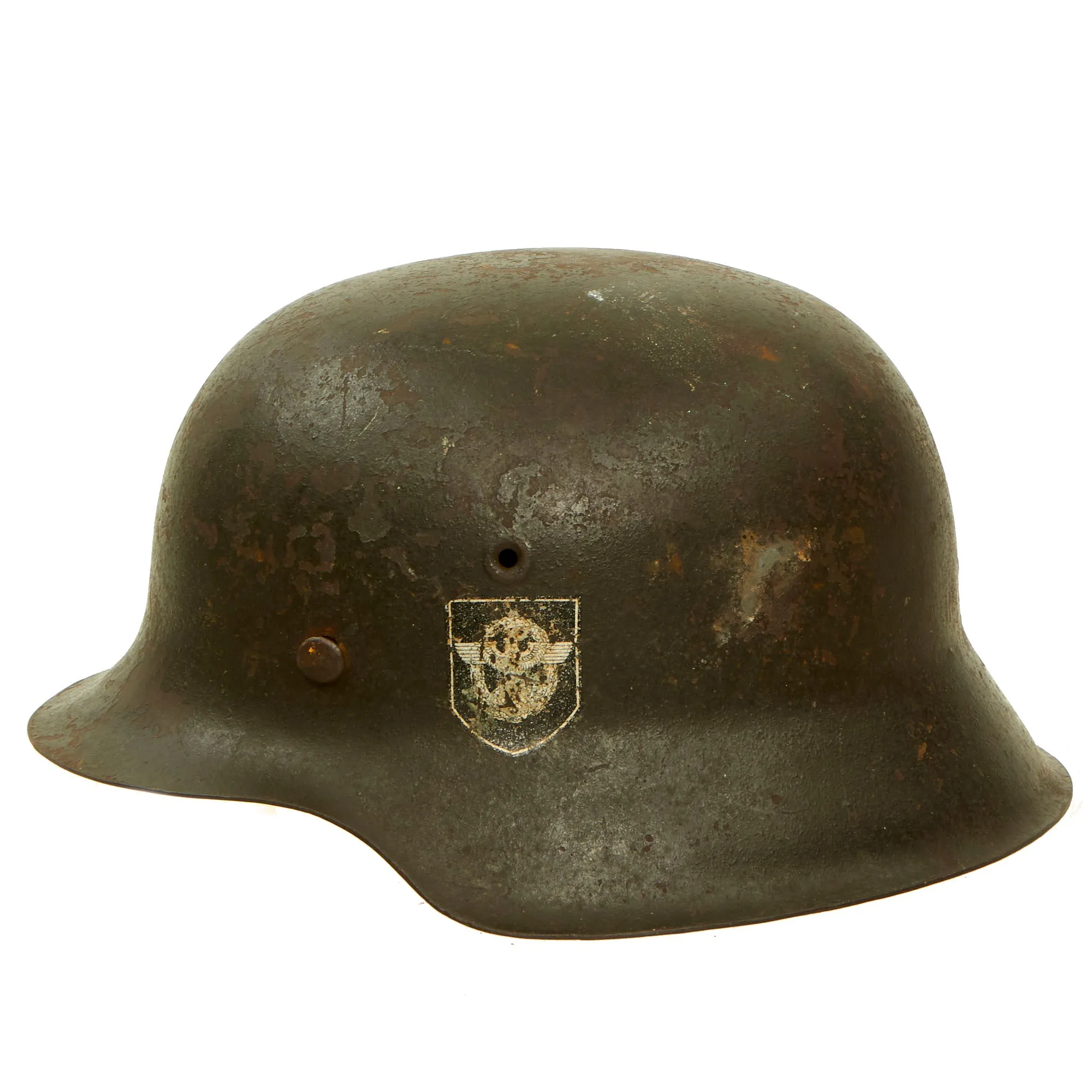 Original German WWII Service Worn Double Decal NSDAP Civic Police M42 Steel Combat Helmet with Liner - EF64