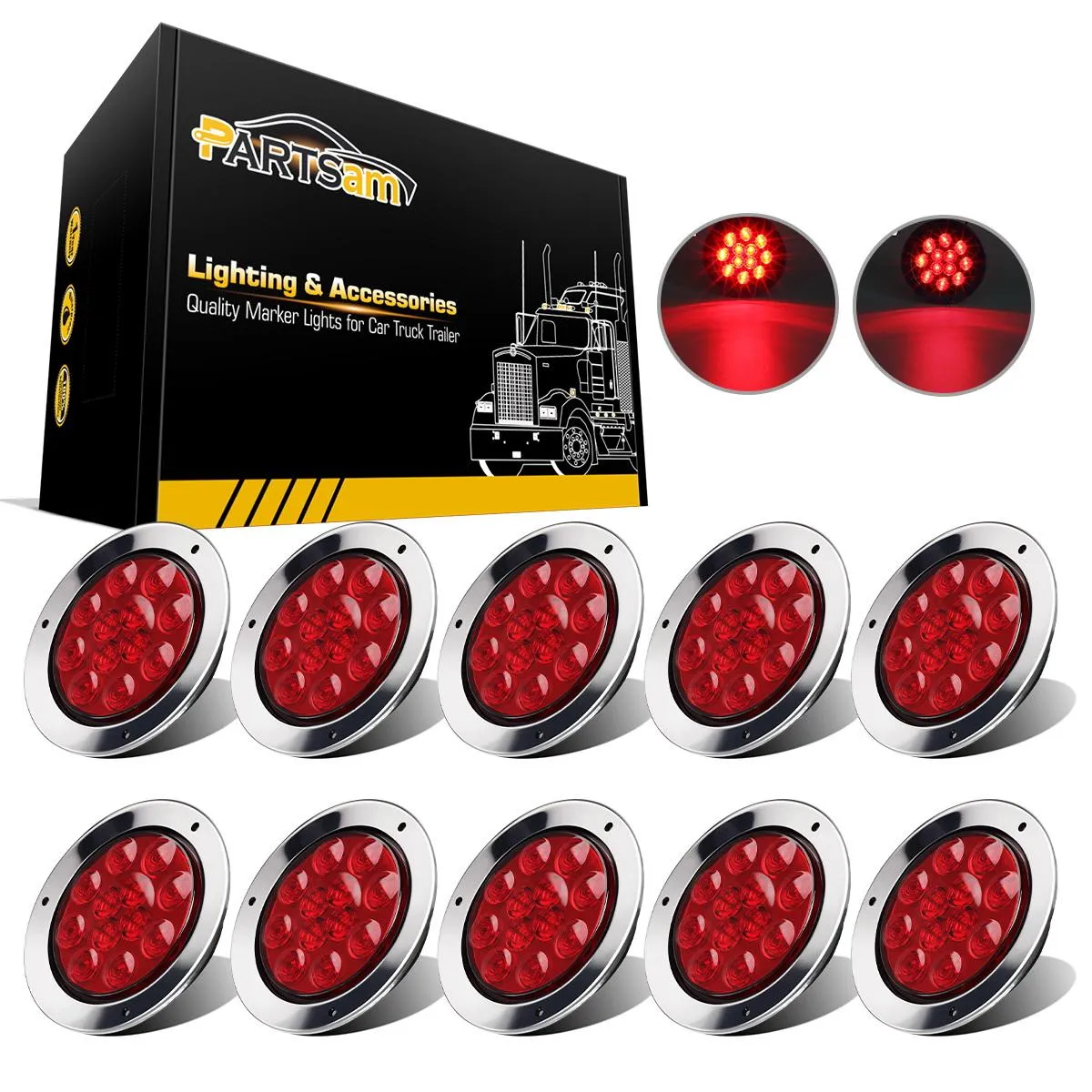 Partsam 10Pcs Red 4inch Inch Round LED Trailer Tail Lights 12LED Flange Mount Stainless Steel Chrome Bezel Waterproof Stop Turn Tail Brake Lights Replacement for Trucks RV 12V