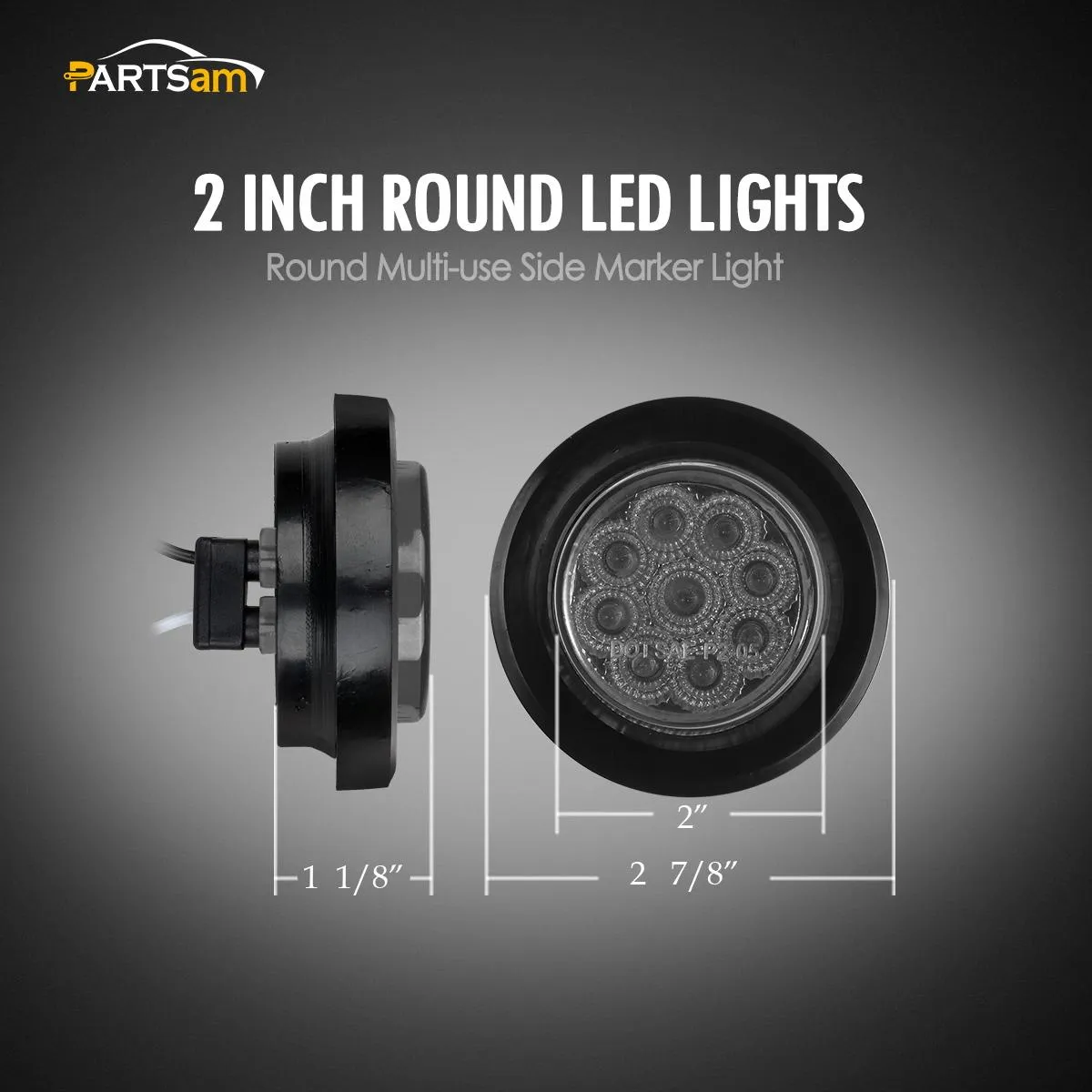 Partsam 2Pcs 2 Inch Round Amber Led Side Marker and Clearance Lights 9 Diodes Smoke Lens w Reflectors Trailer Truck Lights Submersible 12V Grommets Pigtails, Sealed 2 Round Led Marker Trailer Lights