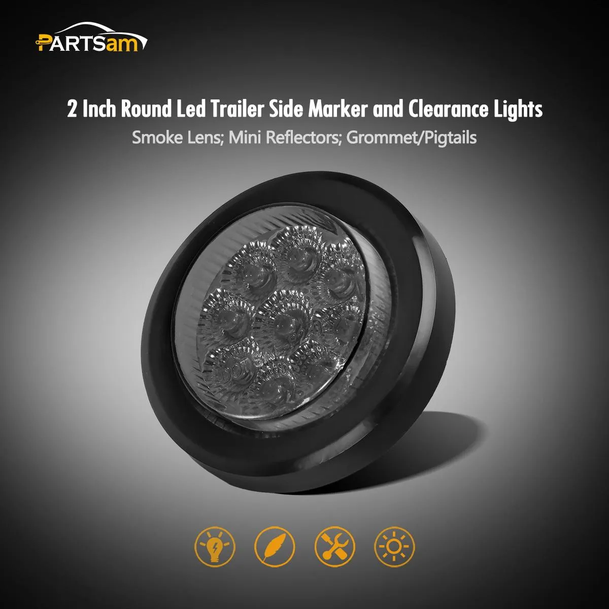 Partsam 2Pcs 2 Inch Round Amber Led Side Marker and Clearance Lights 9 Diodes Smoke Lens w Reflectors Trailer Truck Lights Submersible 12V Grommets Pigtails, Sealed 2 Round Led Marker Trailer Lights