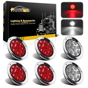 Partsam 4 Red   2 White 4inch Round Led Stop Turn Tail Back-up Reverse Fog Lights Include Lights Flange Mount 12 LED for Truck Trailer RV