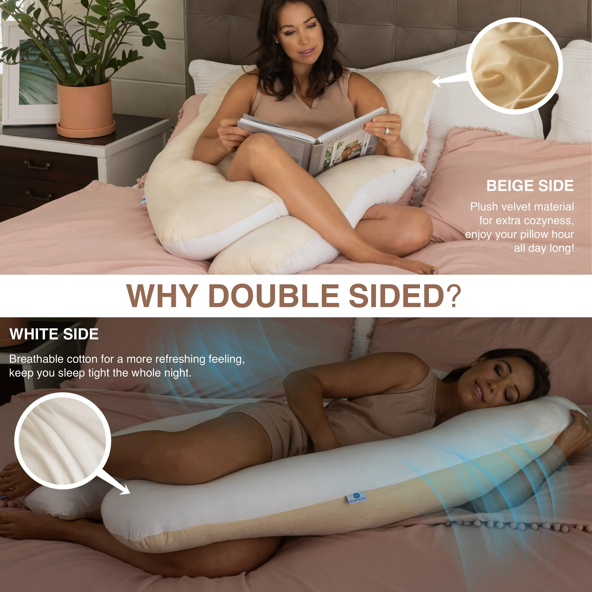 Pharmedoc U-Shape Full Body Pillow – Double Sided Cover with Velvet and Cotton