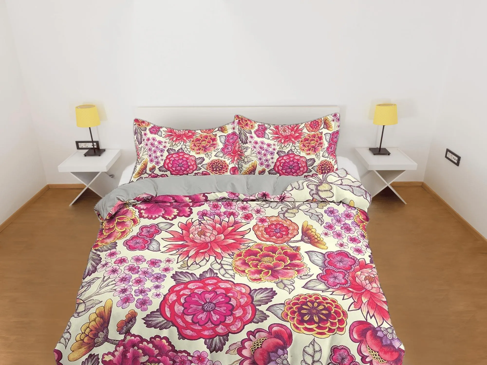 Pink dahlia floral duvet cover colorful bedding, teen girl bedroom, baby girl crib bedding boho maximalist bedspread aesthetic bedding