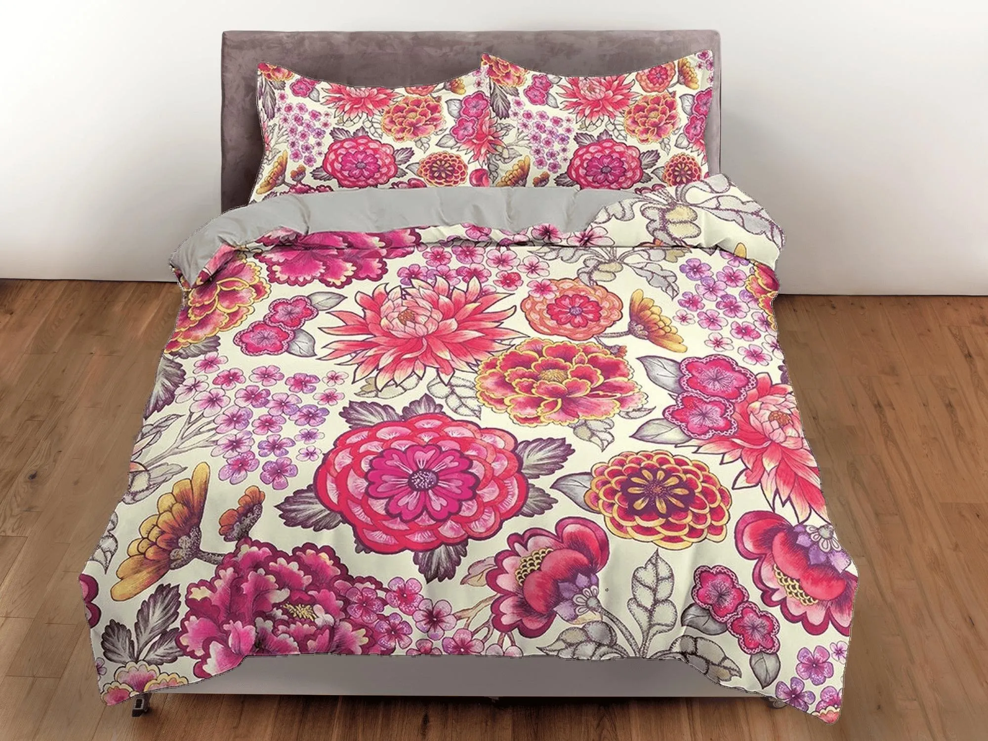 Pink dahlia floral duvet cover colorful bedding, teen girl bedroom, baby girl crib bedding boho maximalist bedspread aesthetic bedding