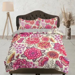 Pink dahlia floral duvet cover colorful bedding, teen girl bedroom, baby girl crib bedding boho maximalist bedspread aesthetic bedding