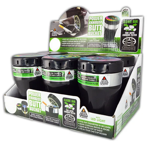 Printed Lid Butt Bucket Ashtray with Power Exhaust Fan - 6 Per Retail Ready Display 24394