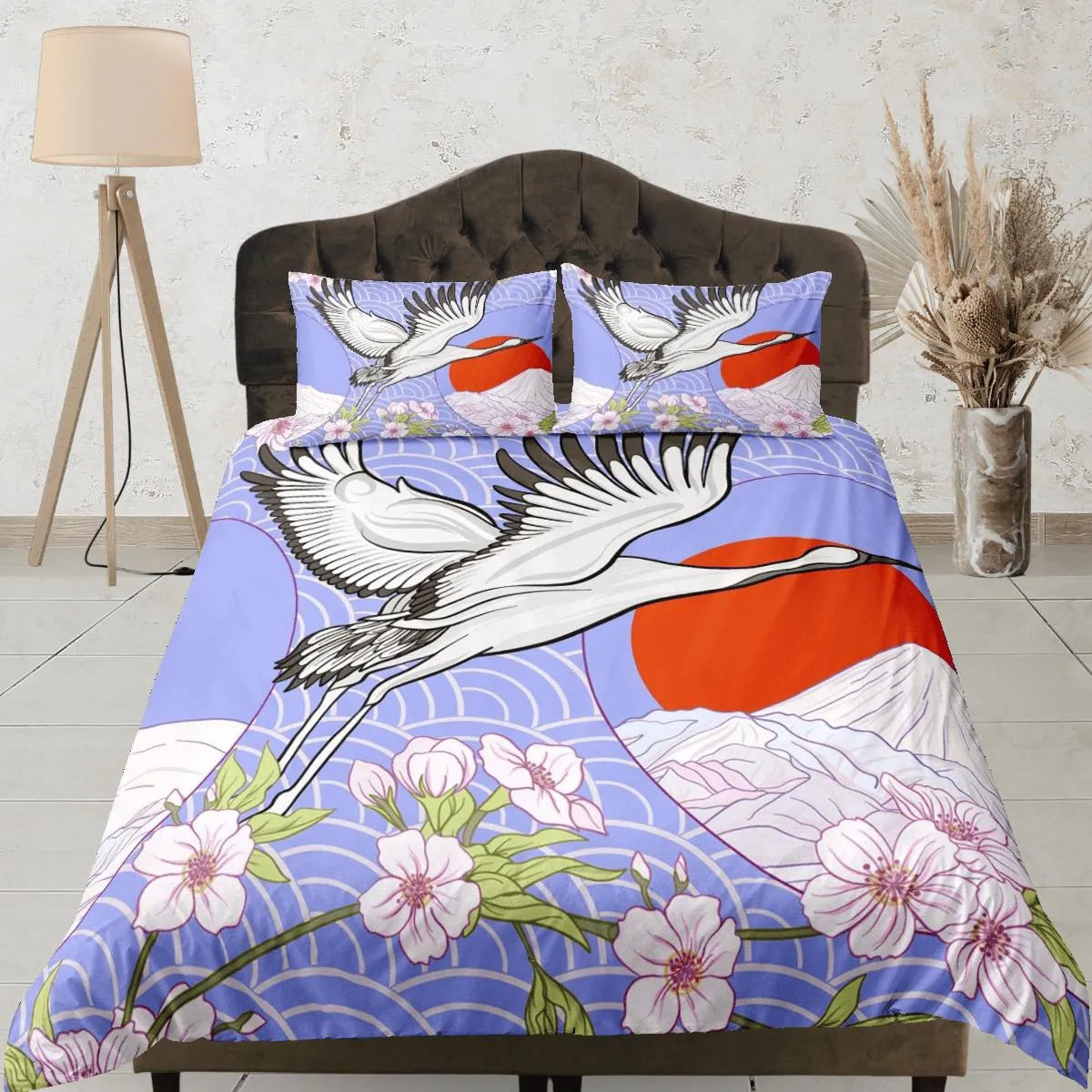 Purple oriental bedding, crane bird, floral prints on japanese duvet cover set for king, queen, full, twin, single, toddler bed