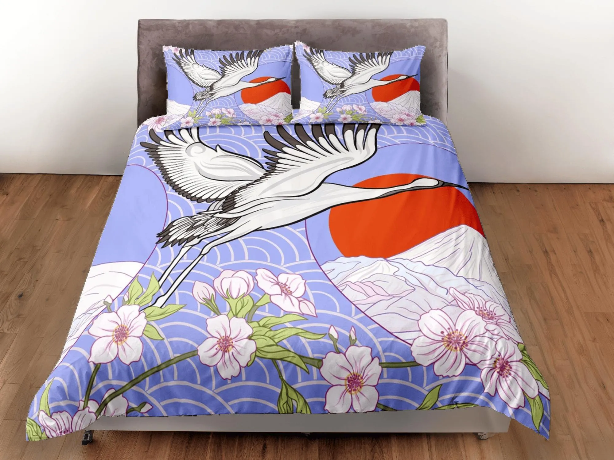 Purple oriental bedding, crane bird, floral prints on japanese duvet cover set for king, queen, full, twin, single, toddler bed