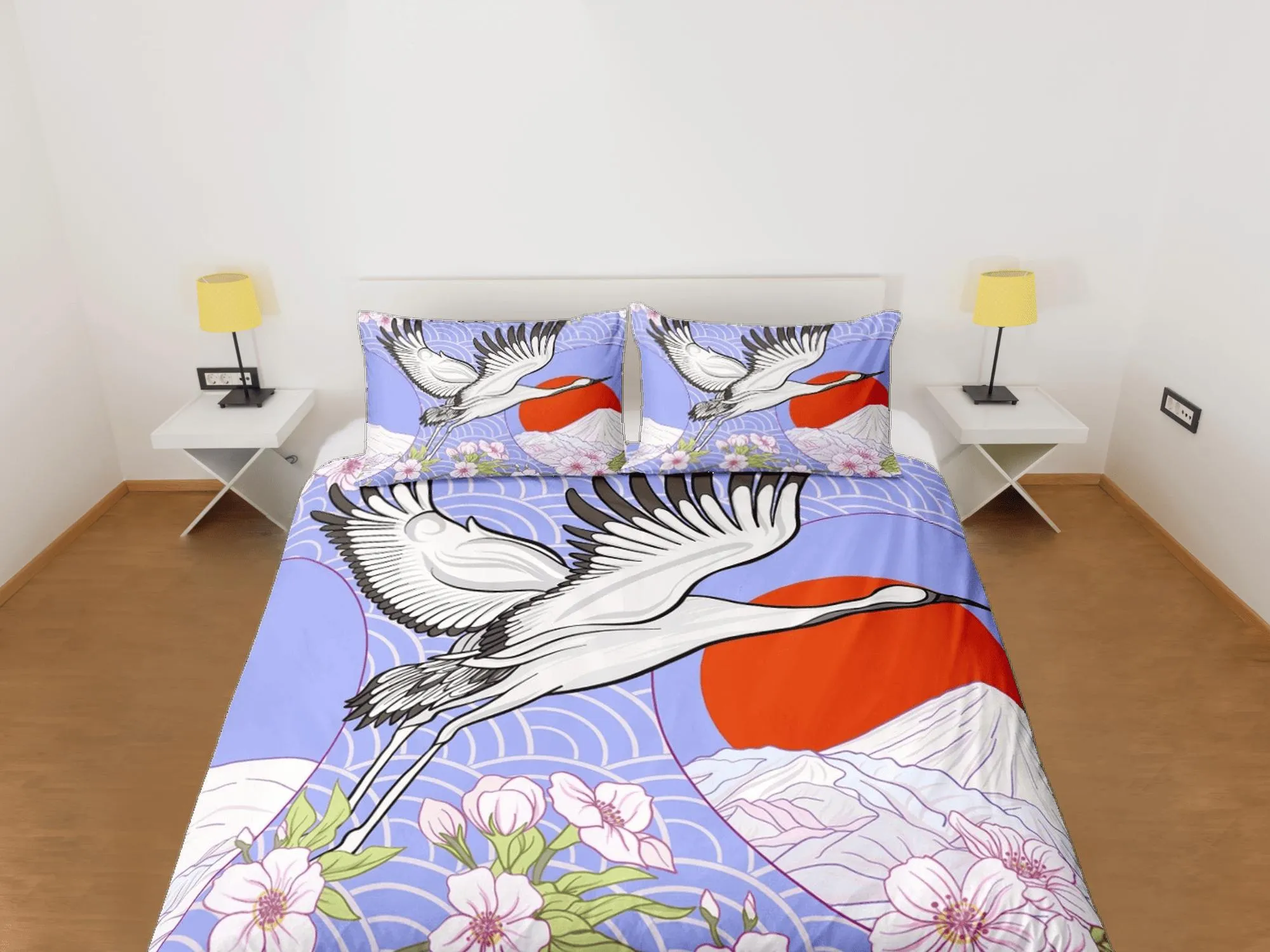 Purple oriental bedding, crane bird, floral prints on japanese duvet cover set for king, queen, full, twin, single, toddler bed