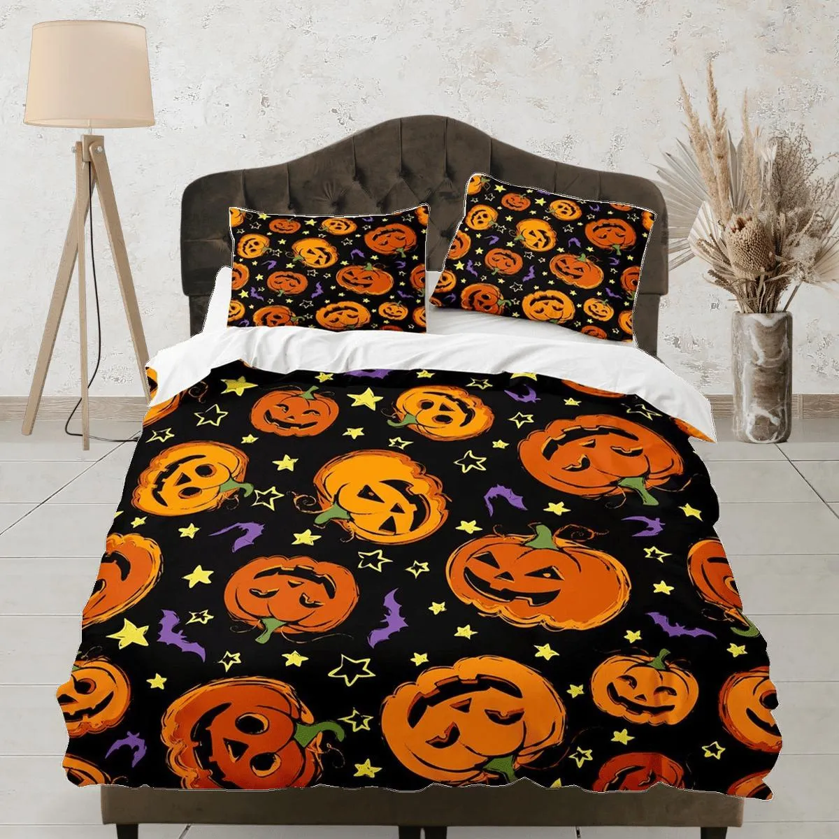 Retro halloween bedding & pillowcase, bat pumpkin duvet cover set dorm bedding, halloween decor, nursery toddler bedding, halloween gift