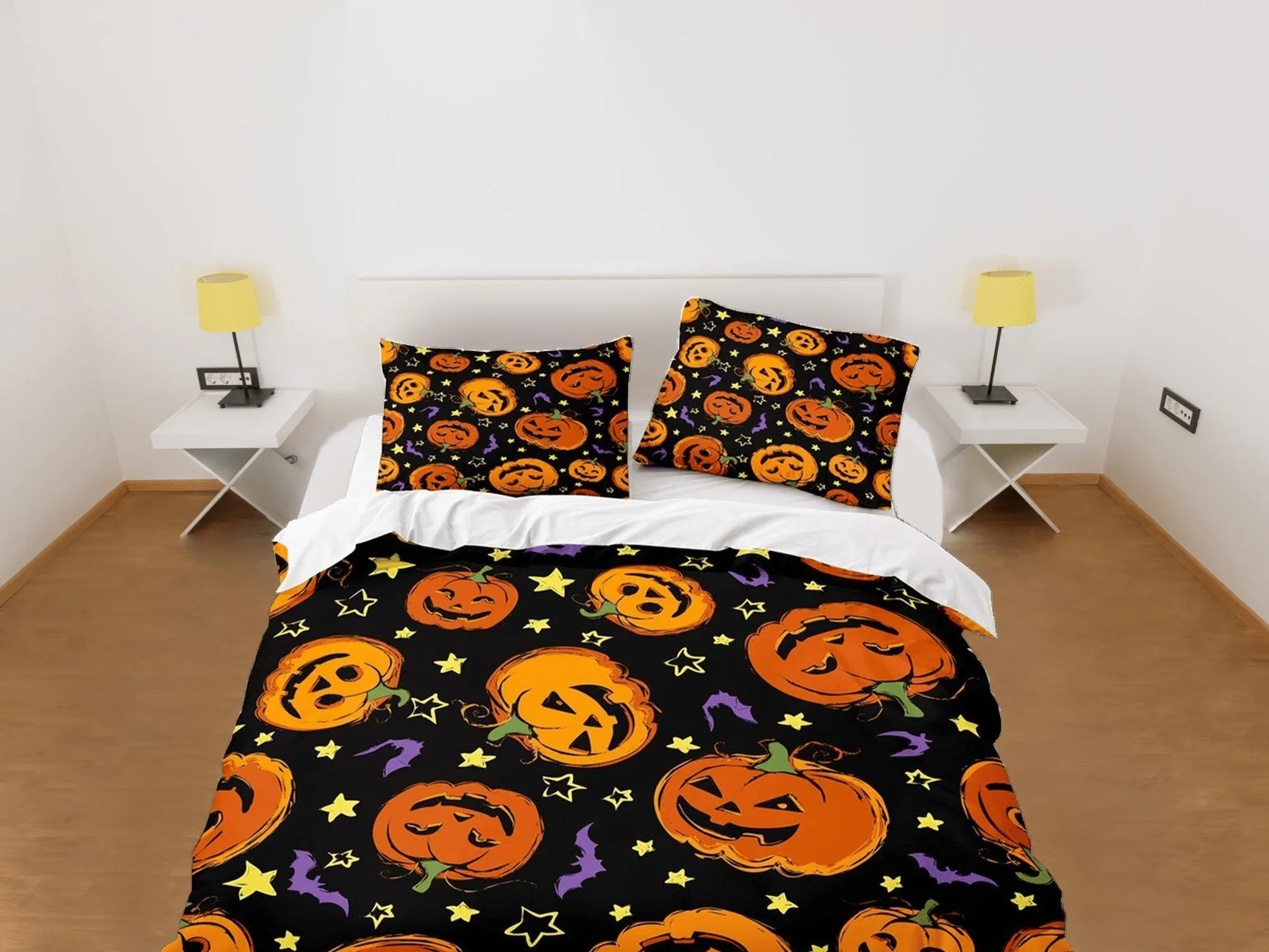 Retro halloween bedding & pillowcase, bat pumpkin duvet cover set dorm bedding, halloween decor, nursery toddler bedding, halloween gift