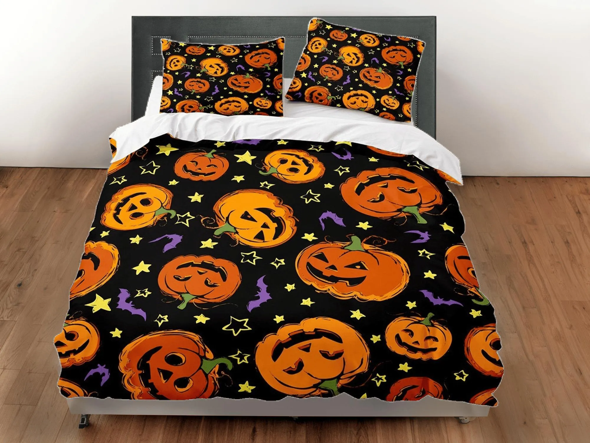 Retro halloween bedding & pillowcase, bat pumpkin duvet cover set dorm bedding, halloween decor, nursery toddler bedding, halloween gift