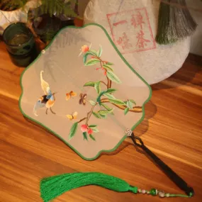 Sandalwood Frabapple Shaped Silk Fan Handmade Embroidery 0214