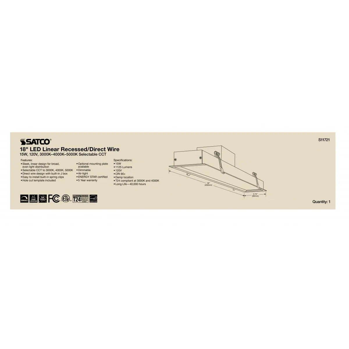 Satco S11721 - 18 inch LED Linear Recessed Downlight - 15 Watt - Selectable CCT