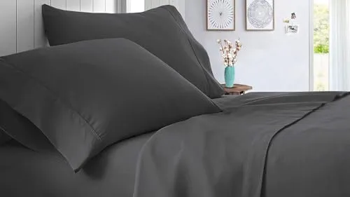 Sateen Bedding- 600 Thread Count Breathable Flat Bedsheet with 2 Pillow Cover- Soft Sateen 100% Cotton Bedsheet- Wrinkle Resistant & Hotel Luxury-Dark Grey Solid, Single Size.