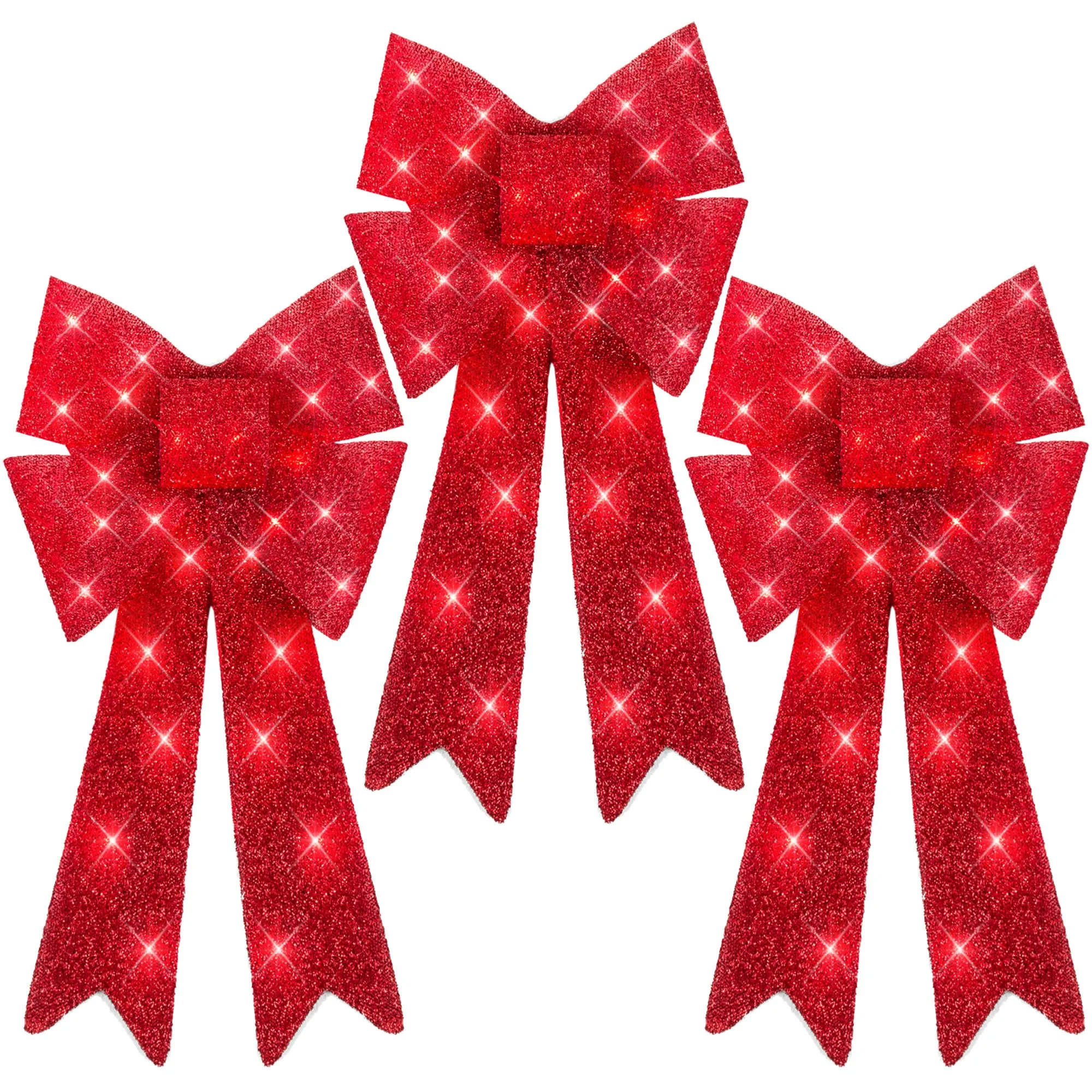 Set of 3 Pre-Lit Christmas Bow Decoration, LED Holiday Decor w/ 8 Functions