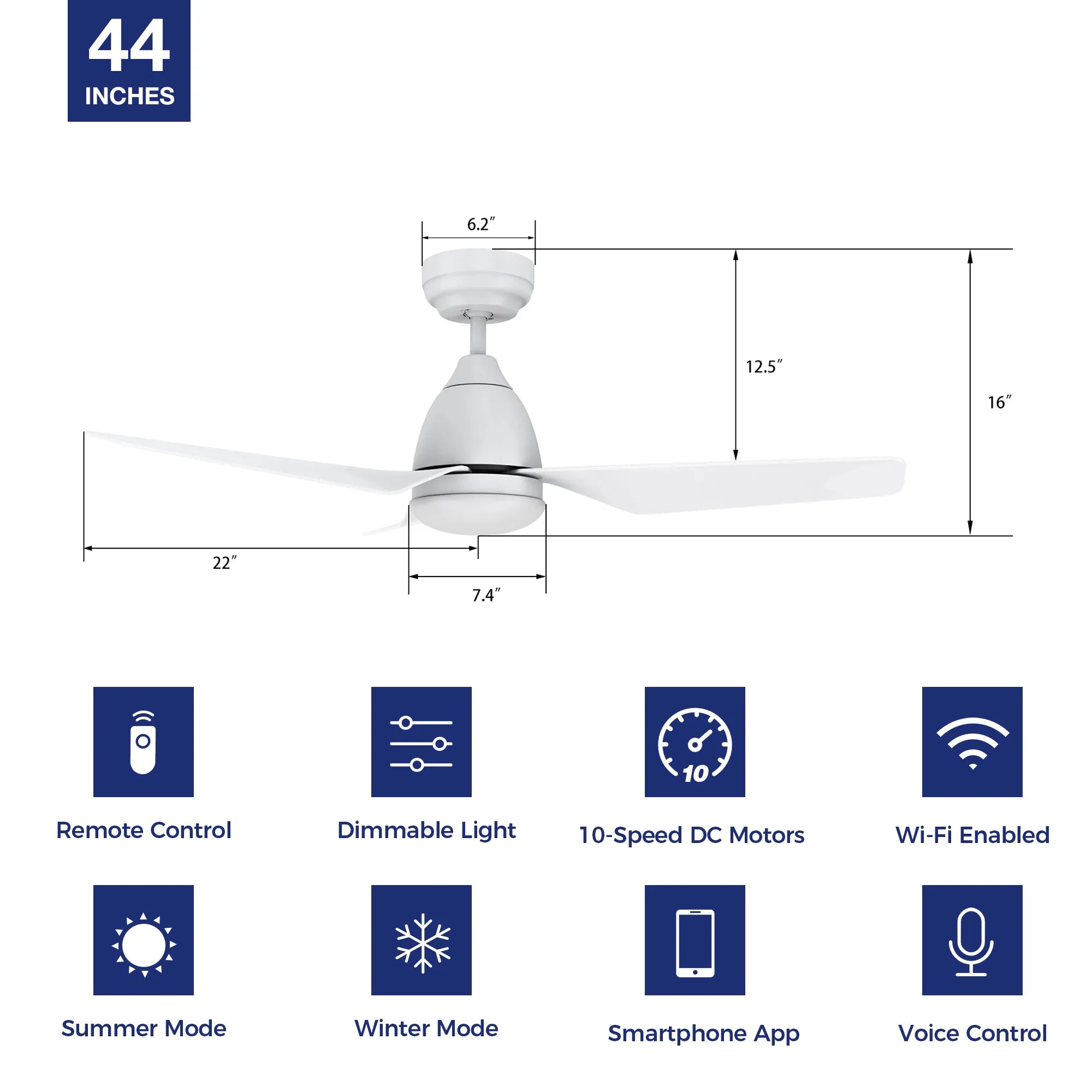 Silas 44 inch Modern Smart Ceiling Fan with Light and Remote