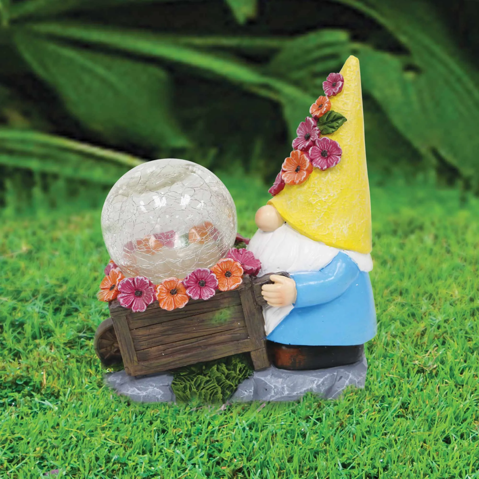 Silver & Stone Outdoor Solar Jinxie Wheelbarrow Gnome with Yellow Hat with Pink Flowers - Crackle Ball Solar Effect- Yellow Hat with Pink Flowers