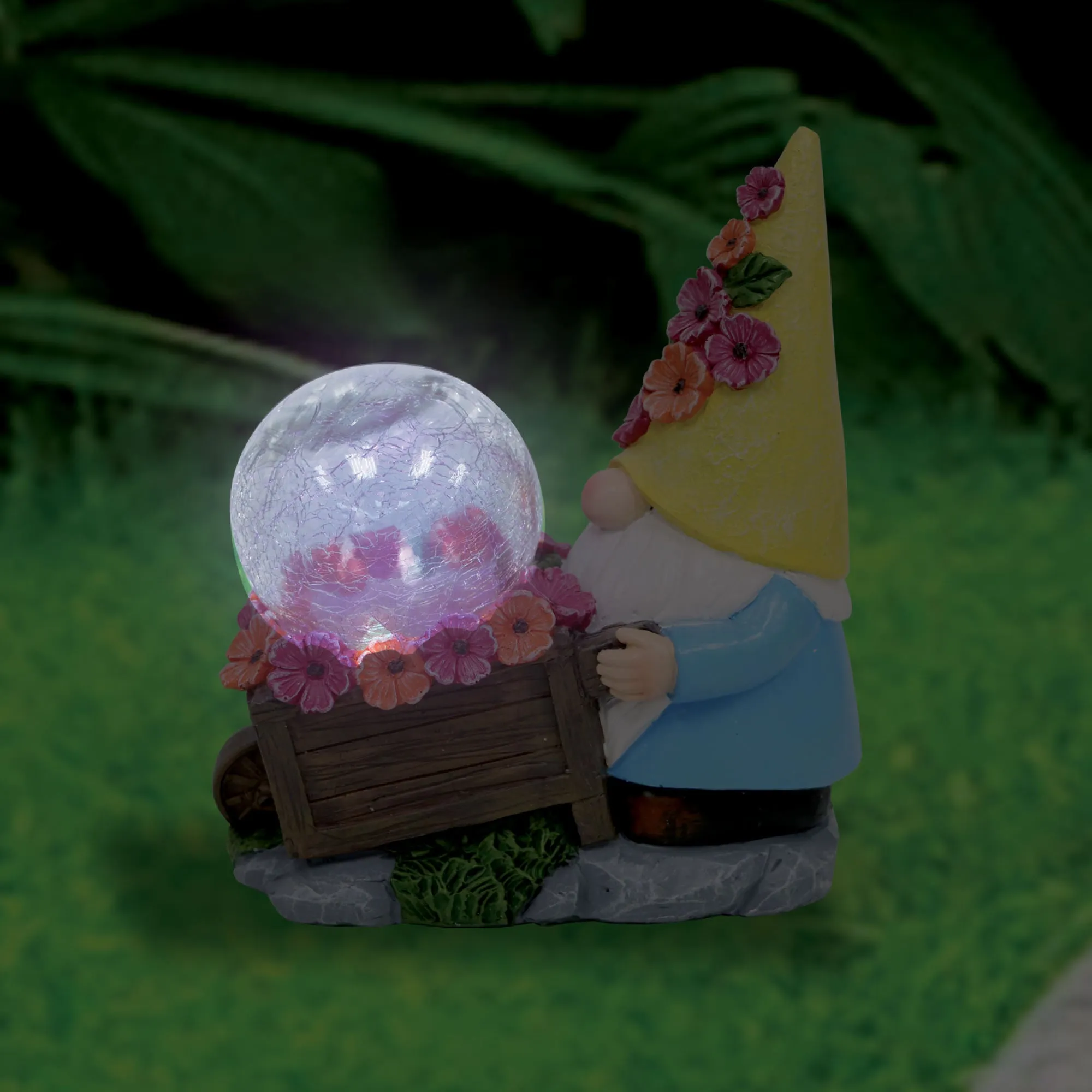 Silver & Stone Outdoor Solar Jinxie Wheelbarrow Gnome with Yellow Hat with Pink Flowers - Crackle Ball Solar Effect- Yellow Hat with Pink Flowers