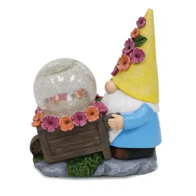 Silver & Stone Outdoor Solar Jinxie Wheelbarrow Gnome with Yellow Hat with Pink Flowers - Crackle Ball Solar Effect- Yellow Hat with Pink Flowers