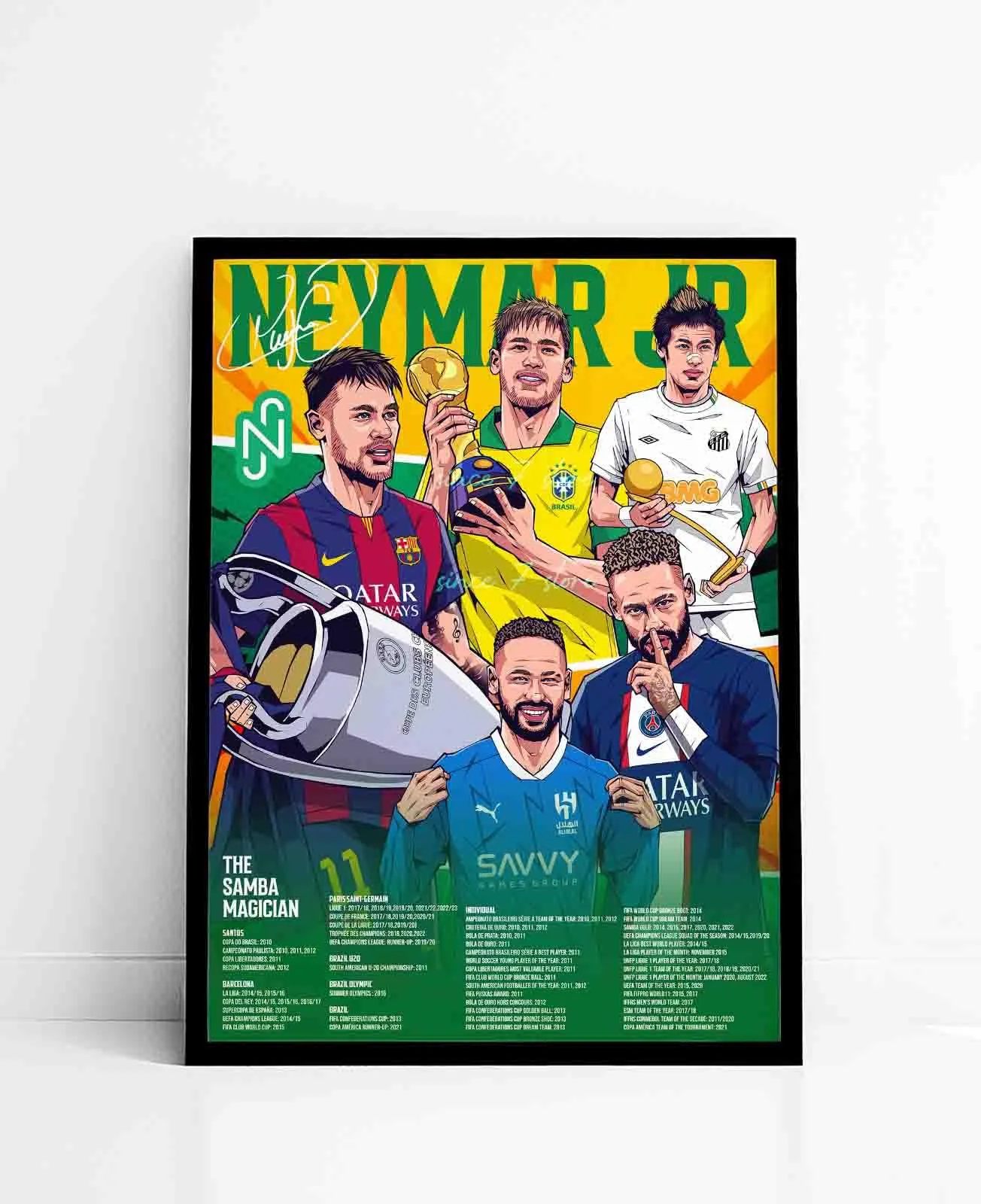 SINCE 7 STORE Neymar Jr Legendary Career Framed Poster For Gifting/For Room Decor/For Football Fans (A4, BLACK)