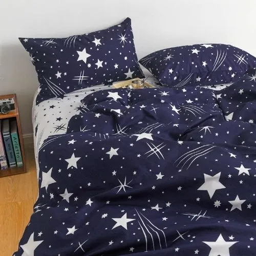 Single size 4 Pieces Reversible Navy Blue Sky Stars Fall Design, Duvet cover without filler.