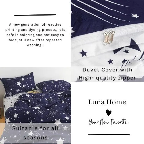 Single size 4 Pieces Reversible Navy Blue Sky Stars Fall Design, Duvet cover without filler.