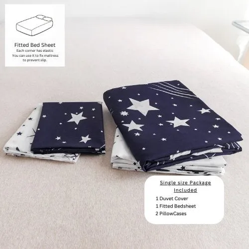 Single size 4 Pieces Reversible Navy Blue Sky Stars Fall Design, Duvet cover without filler.