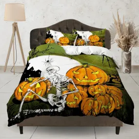 Skeleton vintage halloween bedding & pillowcase, duvet cover, dorm bedding, halloween decor goth bedding, halloween gift, toddler bedding